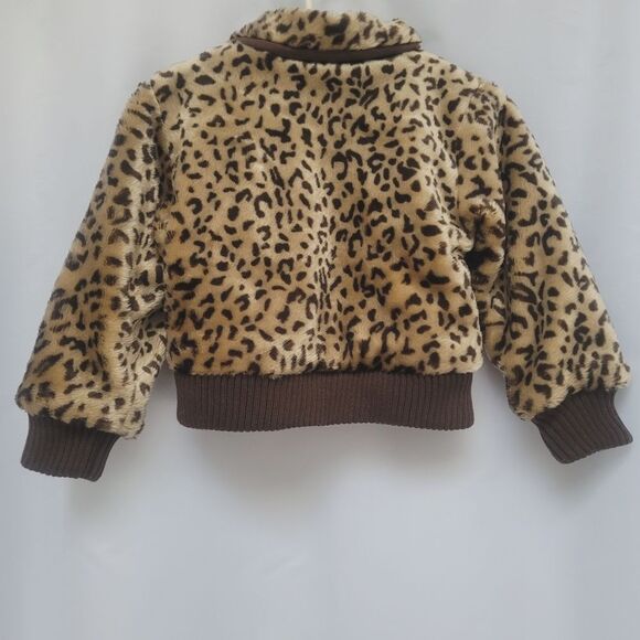Kids HQ Faux Fur Bomber Jacket Leopard Print Knit Waist Cuffs Full Zip 4 - Picture 2 of 8